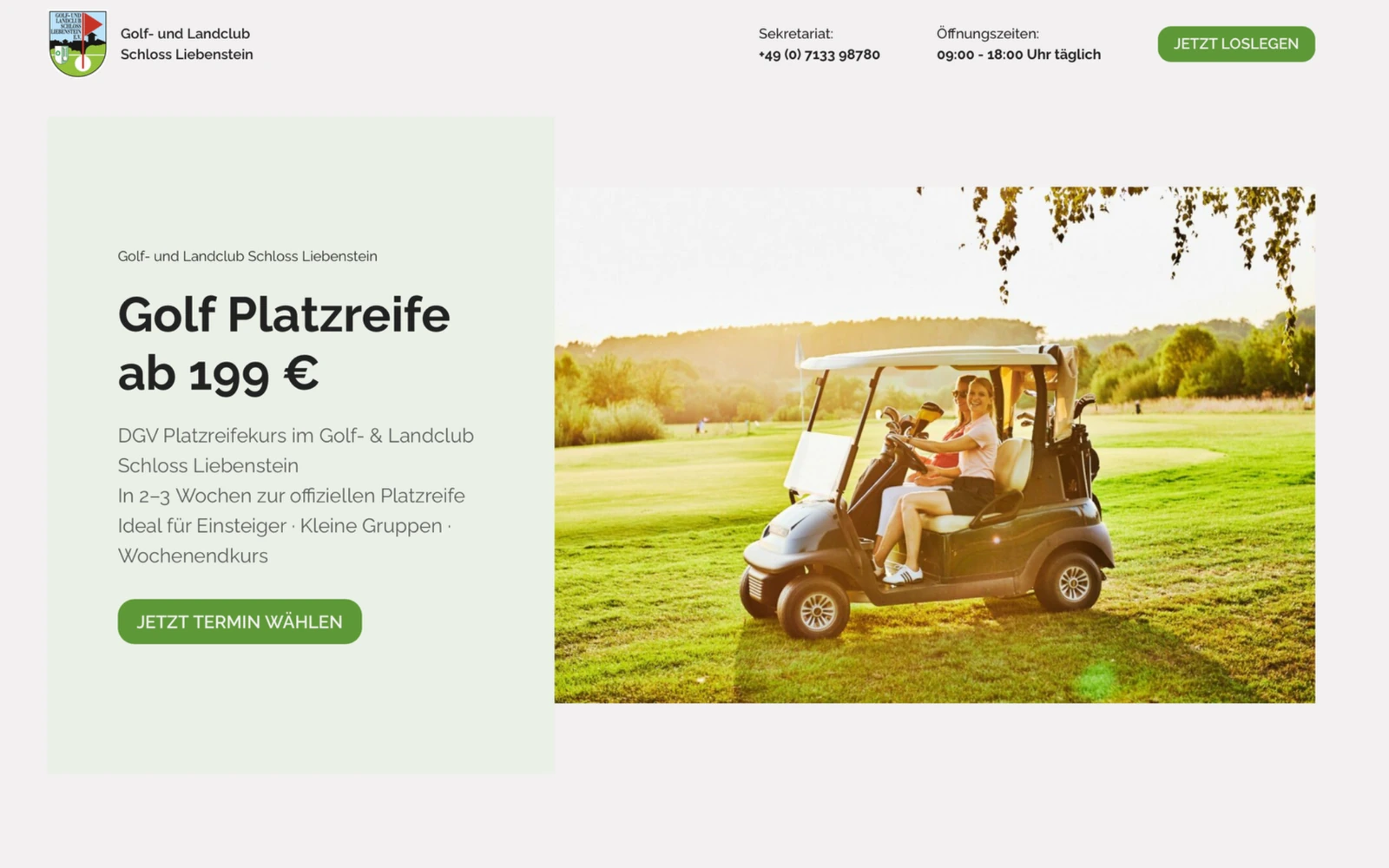 Original-Landingpage Schloss Liebenstein: Golf Platzreife ab 199 €, Kursbeschreibung und Jetzt Termin wählen.