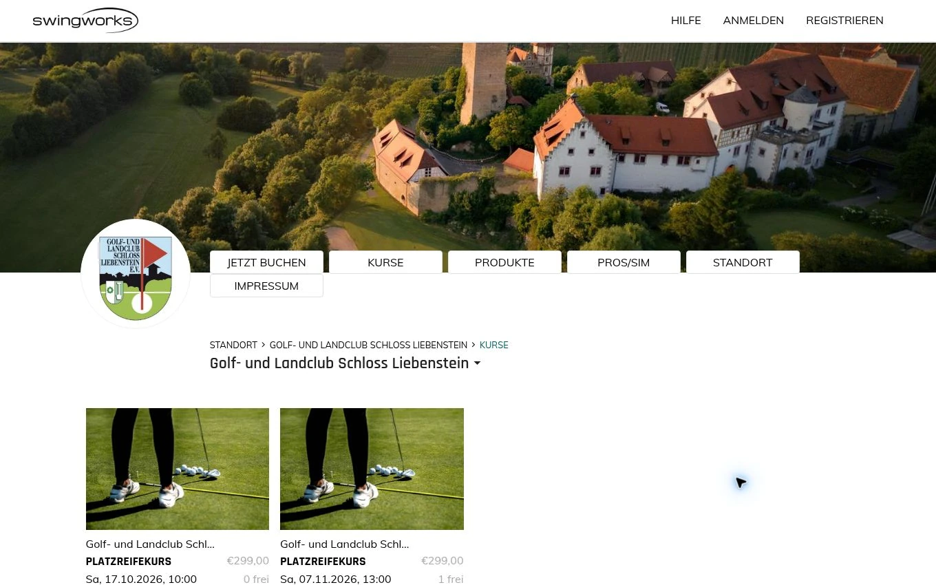 Öffentliche SwingWorks-Angebotsseite von Schloss Liebenstein; Standort und Impressum stehen in dieser Darstellung nebeneinander.