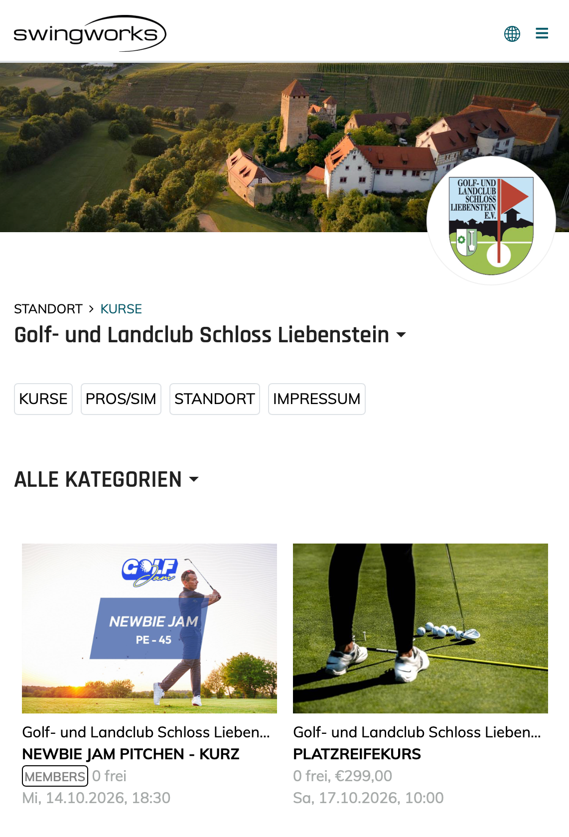 Öffentliche Kursübersicht von Schloss Liebenstein mit Newbie Jam und Platzreifekurs nebeneinander.